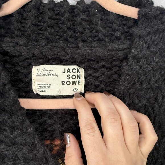 Jackson Rowe Cardigan Sweater Womens Small Black Chunky Knit Zip Up Eye Graphic - Picture 2 of 9